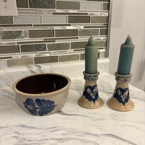 Vintage Beaumont Brothers Pottery Candle Sticks & Bowl Salt Glazed Stoneware